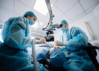 Dentists performing a dental implant surgery